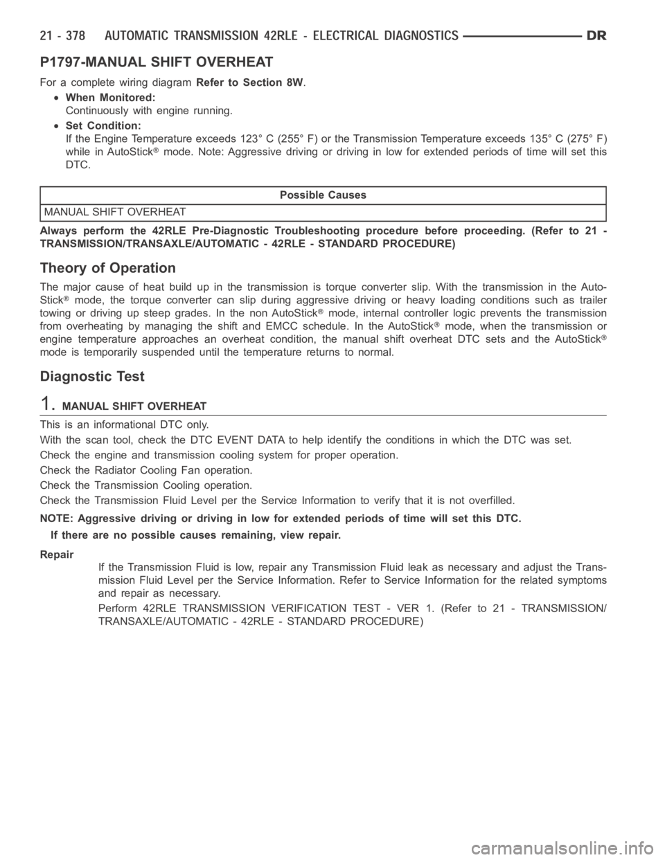DODGE RAM SRT-10 2006 Service Repair Manual P1797-MANUAL SHIFT OVERHEAT
For a complete wiring diagramRefer to Section 8W.
When Monitored:
Continuously with engine running.
Set Condition:
If the Engine Temperature exceeds 123° C (255° F) or th DODGE RAM SRT-10 2006 Service Repair Manual P1797-MANUAL SHIFT OVERHEAT
For a complete wiring diagramRefer to Section 8W.
When Monitored:
Continuously with engine running.
Set Condition:
If the Engine Temperature exceeds 123° C (255° F) or th