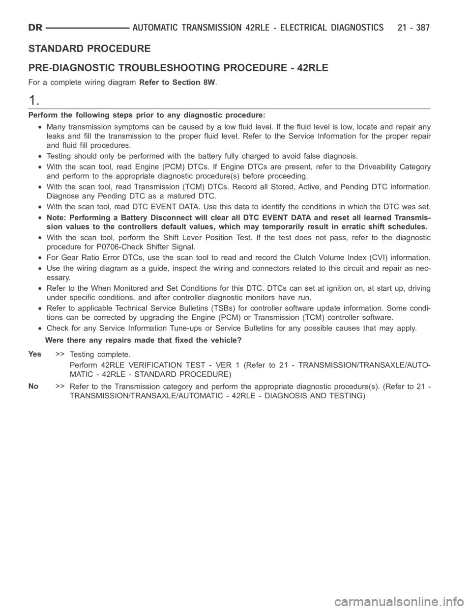 DODGE RAM SRT-10 2006  Service Repair Manual STANDARD PROCEDURE
PRE-DIAGNOSTIC TROUBLESHOOTING PROCEDURE - 42RLE
For a complete wiring diagramRefer to Section 8W.
1.
Perform the following steps prior to any diagnostic procedure:
Many transmissio