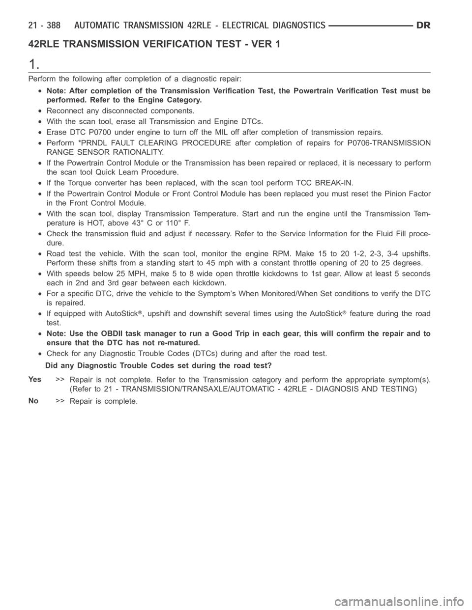 DODGE RAM SRT-10 2006  Service Repair Manual 42RLE TRANSMISSION VERIFICATION TEST - VER 1
1.
Perform the following after completion of a diagnostic repair:
Note: After completion of the Transmission Verification Test, the Powertrain Verification