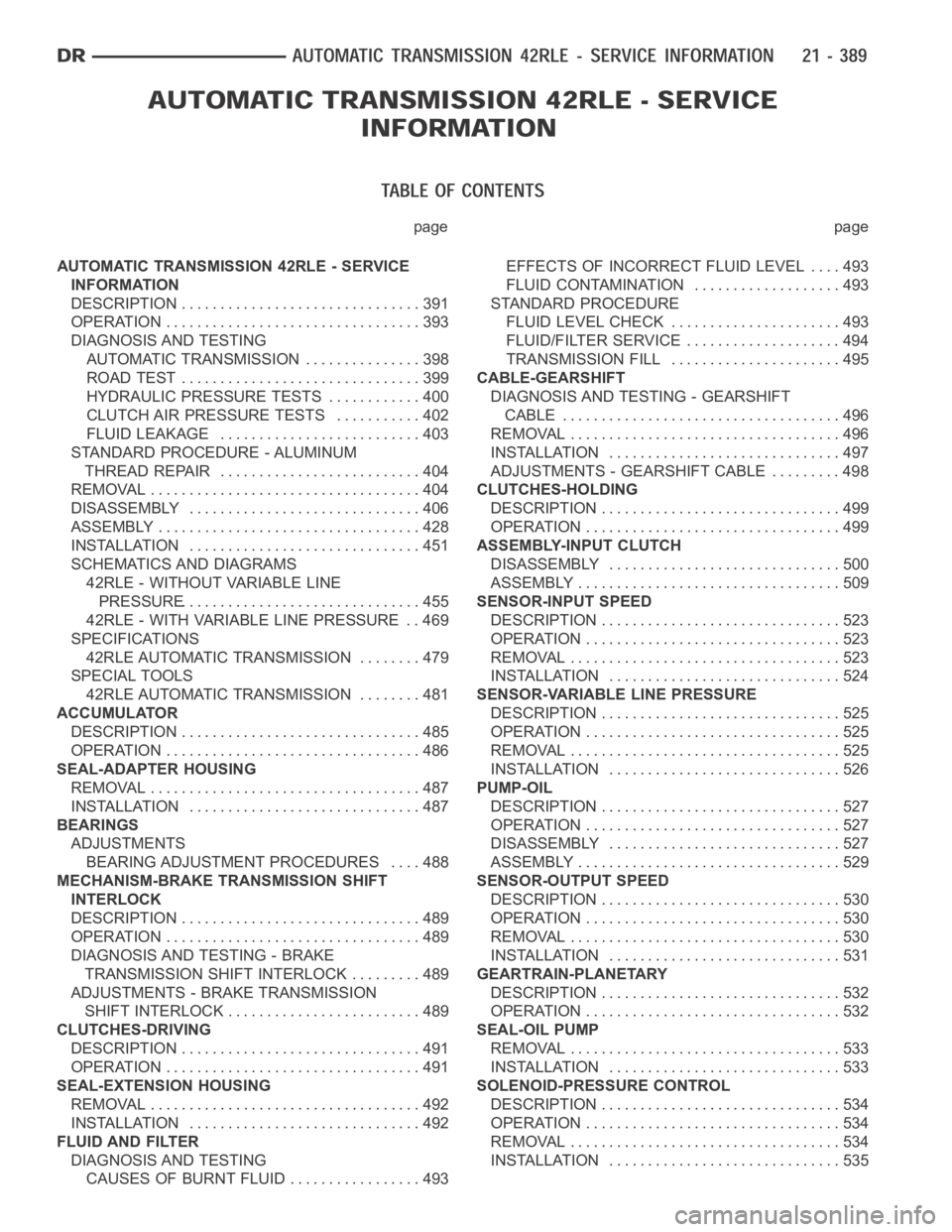DODGE RAM SRT-10 2006  Service Repair Manual page page
AUTOMATIC TRANSMISSION 42RLE - SERVICE
INFORMATION
DESCRIPTION ............................... 391
OPERATION ................................. 393
DIAGNOSIS AND TESTING
AUTOMATIC TRANSMISSIO