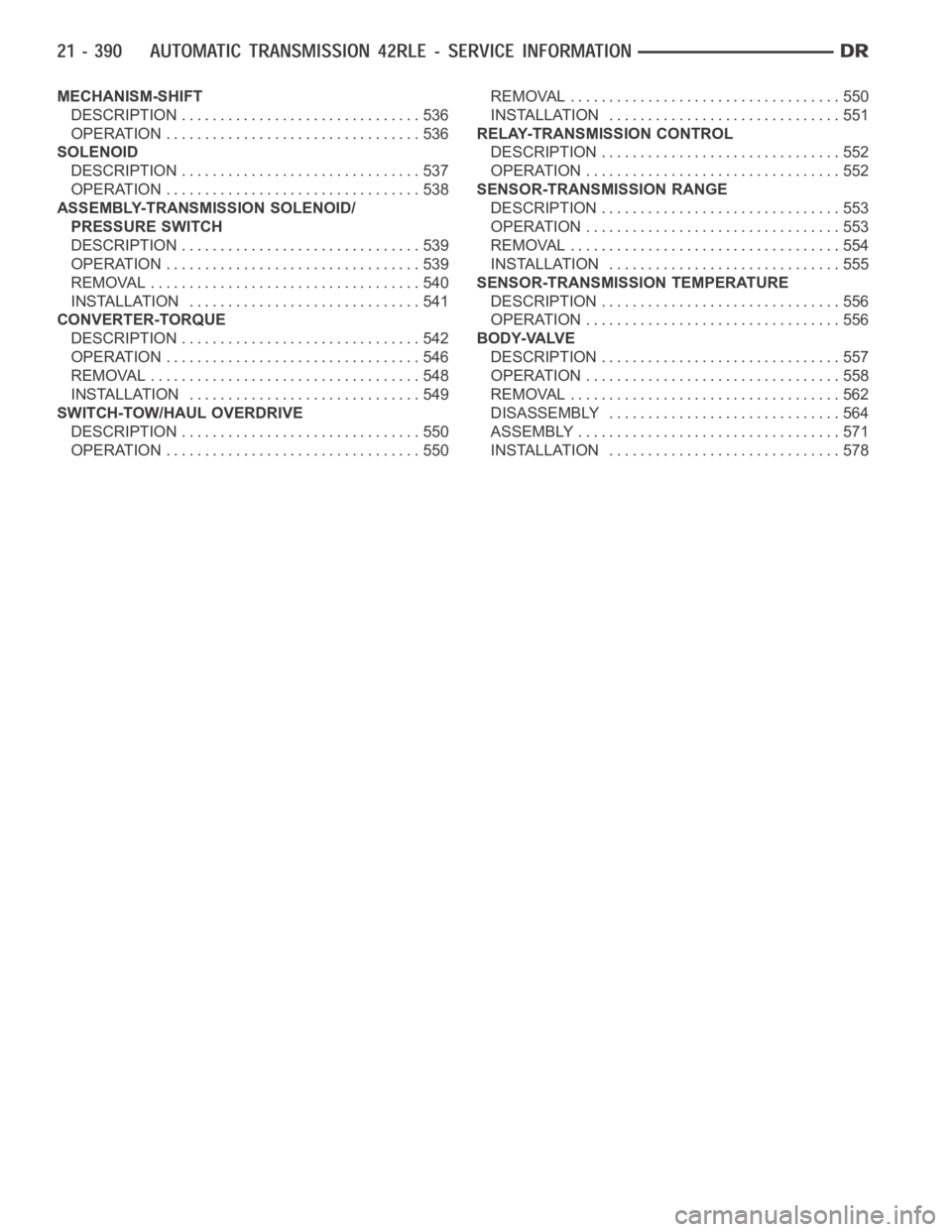 DODGE RAM SRT-10 2006 Service Repair Manual MECHANISM-SHIFT
DESCRIPTION ............................... 536
OPERATION ................................. 536
SOLENOID
DESCRIPTION ............................... 537
OPERATION ..................... DODGE RAM SRT-10 2006 Service Repair Manual MECHANISM-SHIFT
DESCRIPTION ............................... 536
OPERATION ................................. 536
SOLENOID
DESCRIPTION ............................... 537
OPERATION .....................