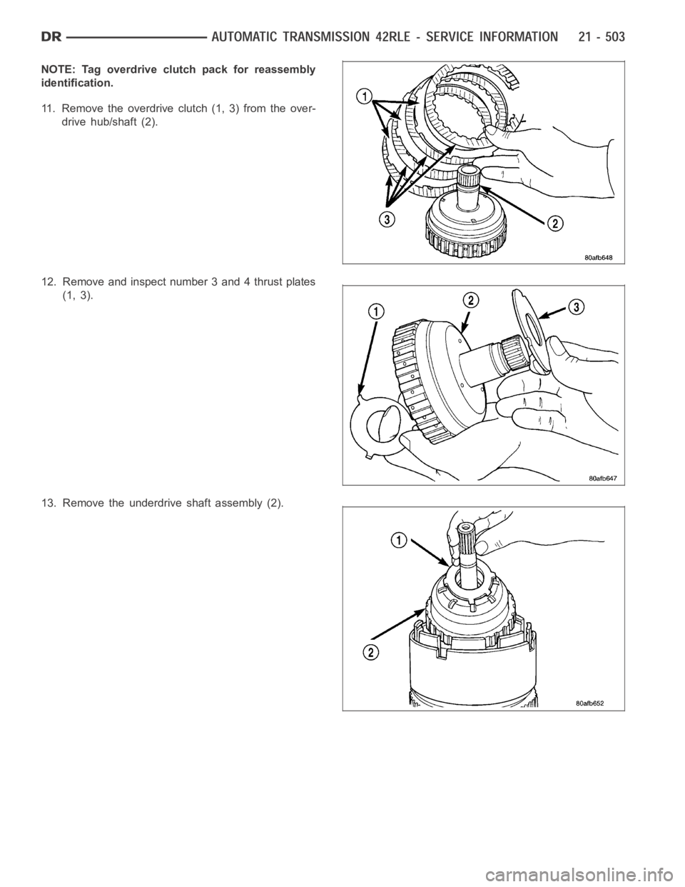 DODGE RAM SRT-10 2006  Service Repair Manual NOTE: Tag overdrive clutch pack for reassembly
identification.
11. Remove the overdrive clutch (1, 3) from the over-
drive hub/shaft (2).
12. Remove and inspect number 3 and 4 thrust plates
(1, 3).
13