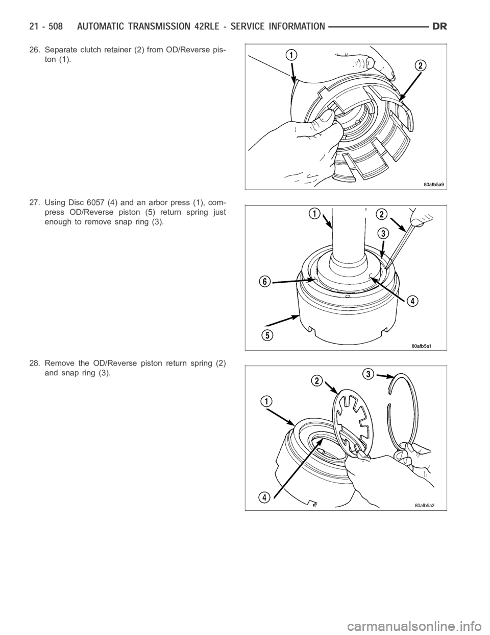 DODGE RAM SRT-10 2006  Service Repair Manual 26. Separate clutch retainer (2) from OD/Reverse pis-
ton (1).
27. Using Disc 6057 (4) and an arbor press (1), com-
press OD/Reverse piston (5) return spring just
enough to remove snap ring (3).
28. R
