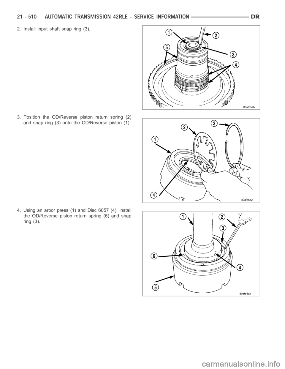 DODGE RAM SRT-10 2006  Service Repair Manual 2. Install input shaft snap ring (3).
3.PositiontheOD/Reversepistonreturnspring(2)
and snap ring (3) onto the OD/Reverse piston (1).
4. Using an arbor press (1) and Disc 6057 (4), install
theOD/Revers