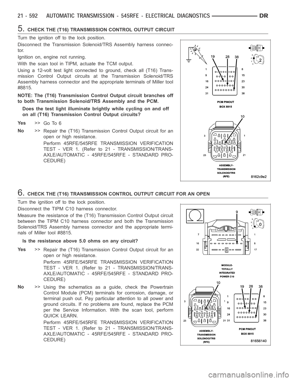 DODGE RAM SRT-10 2006  Service Repair Manual 5.CHECK THE (T16) TRANSMISSION CONTROL OUTPUT CIRCUIT
Turn the ignition off to the lock position.
Disconnect the Transmission Solenoid/TRS Assembly harness connec-
tor.
Ignition on, engine not running
