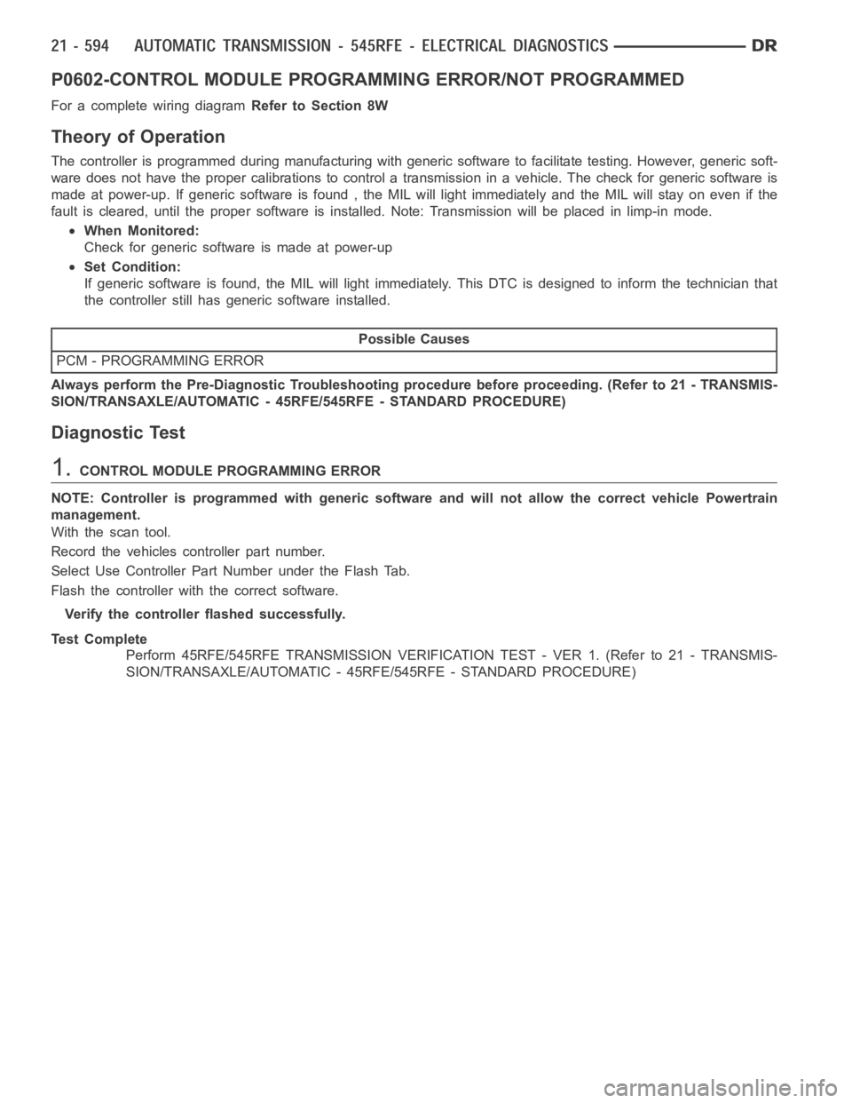 DODGE RAM SRT-10 2006  Service Repair Manual P0602-CONTROL MODULE PROGRAMMING ERROR/NOT PROGRAMMED
For a complete wiring diagramRefer to Section 8W
Theory of Operation
The controller is programmed during manufacturing with generic softwareto fac
