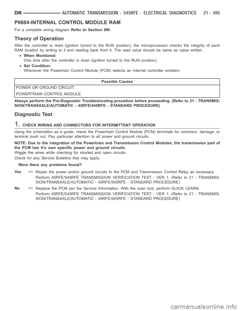 DODGE RAM SRT-10 2006  Service Repair Manual P0604-INTERNAL CONTROL MODULE RAM
For a complete wiring diagramRefer to Section 8W.
Theory of Operation
After the controller is reset (ignition turned to the RUN position), the microprocessor checks t