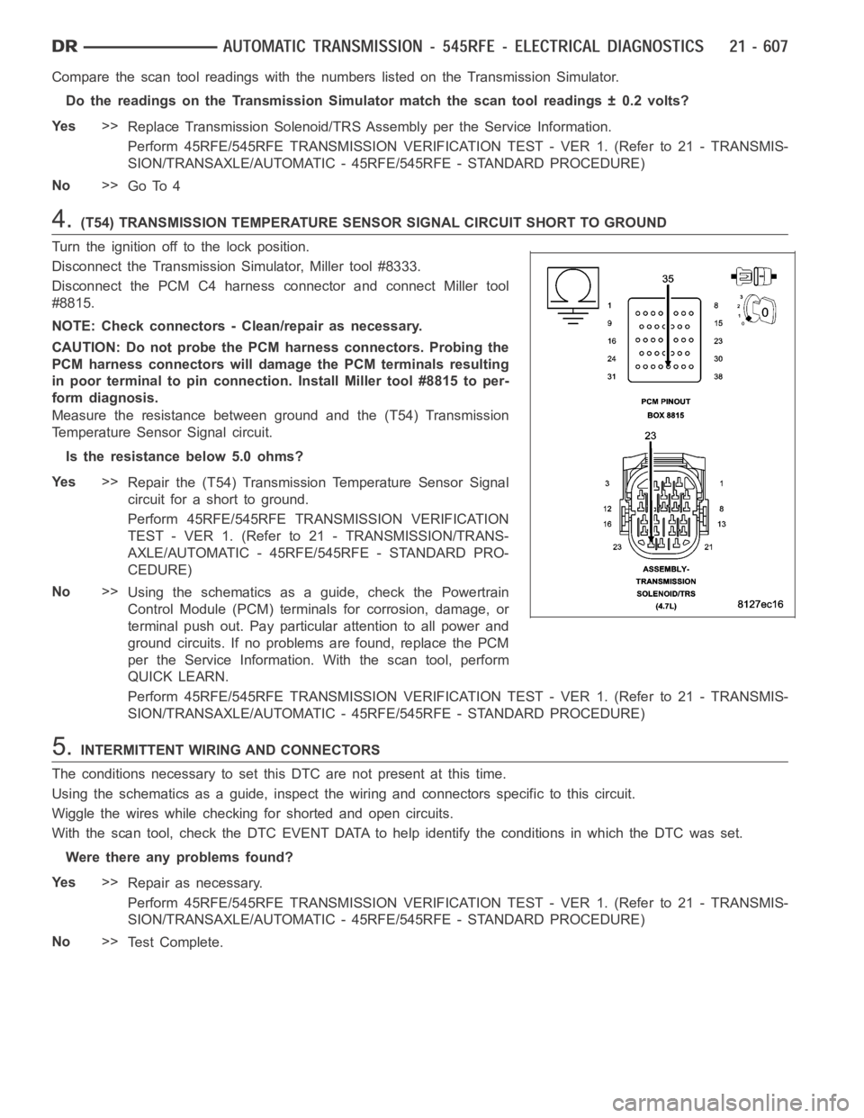 DODGE RAM SRT-10 2006 Service Repair Manual Compare the scan tool readings with the numbers listed on the TransmissionSimulator.
Do the readings on the Transmission Simulator match the scan tool readings± 0.2 volts?
Ye s>>
Replace Transmission DODGE RAM SRT-10 2006 Service Repair Manual Compare the scan tool readings with the numbers listed on the TransmissionSimulator.
Do the readings on the Transmission Simulator match the scan tool readings± 0.2 volts?
Ye s>>
Replace Transmission