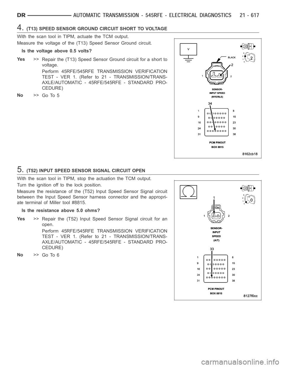 DODGE RAM SRT-10 2006 Service Repair Manual 4.(T13) SPEED SENSOR GROUND CIRCUIT SHORT TO VOLTAGE
With the scan tool in TIPM, actuate the TCM output.
Measure the voltage of the (T13) Speed Sensor Ground circuit.
Is the voltage above 0.5 volts?
Y DODGE RAM SRT-10 2006 Service Repair Manual 4.(T13) SPEED SENSOR GROUND CIRCUIT SHORT TO VOLTAGE
With the scan tool in TIPM, actuate the TCM output.
Measure the voltage of the (T13) Speed Sensor Ground circuit.
Is the voltage above 0.5 volts?
Y