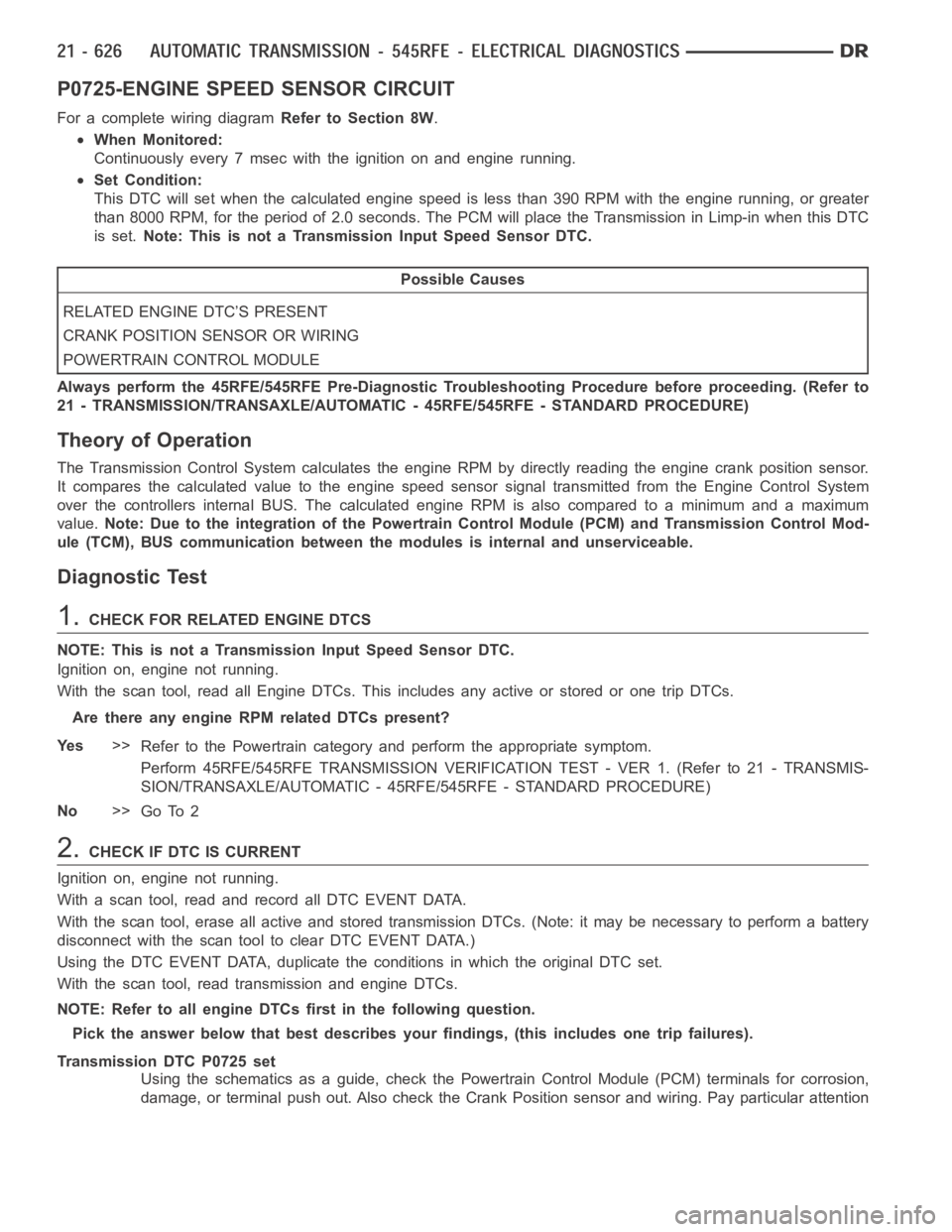 DODGE RAM SRT-10 2006  Service Repair Manual P0725-ENGINE SPEED SENSOR CIRCUIT
For a complete wiring diagramRefer to Section 8W.
When Monitored:
Continuously every 7 msec with the ignition on and engine running.
Set Condition:
This DTC will set 