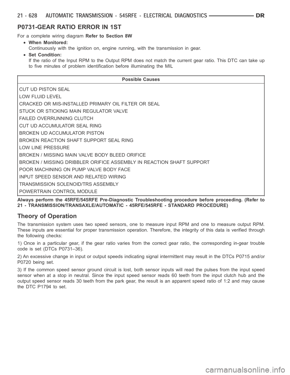 DODGE RAM SRT-10 2006  Service Repair Manual P0731-GEAR RATIO ERROR IN 1ST
For a complete wiring diagramRefer to Section 8W
When Monitored:
Continuously with the ignition on, engine running, with the transmissionin gear.
Set Condition:
If the ra