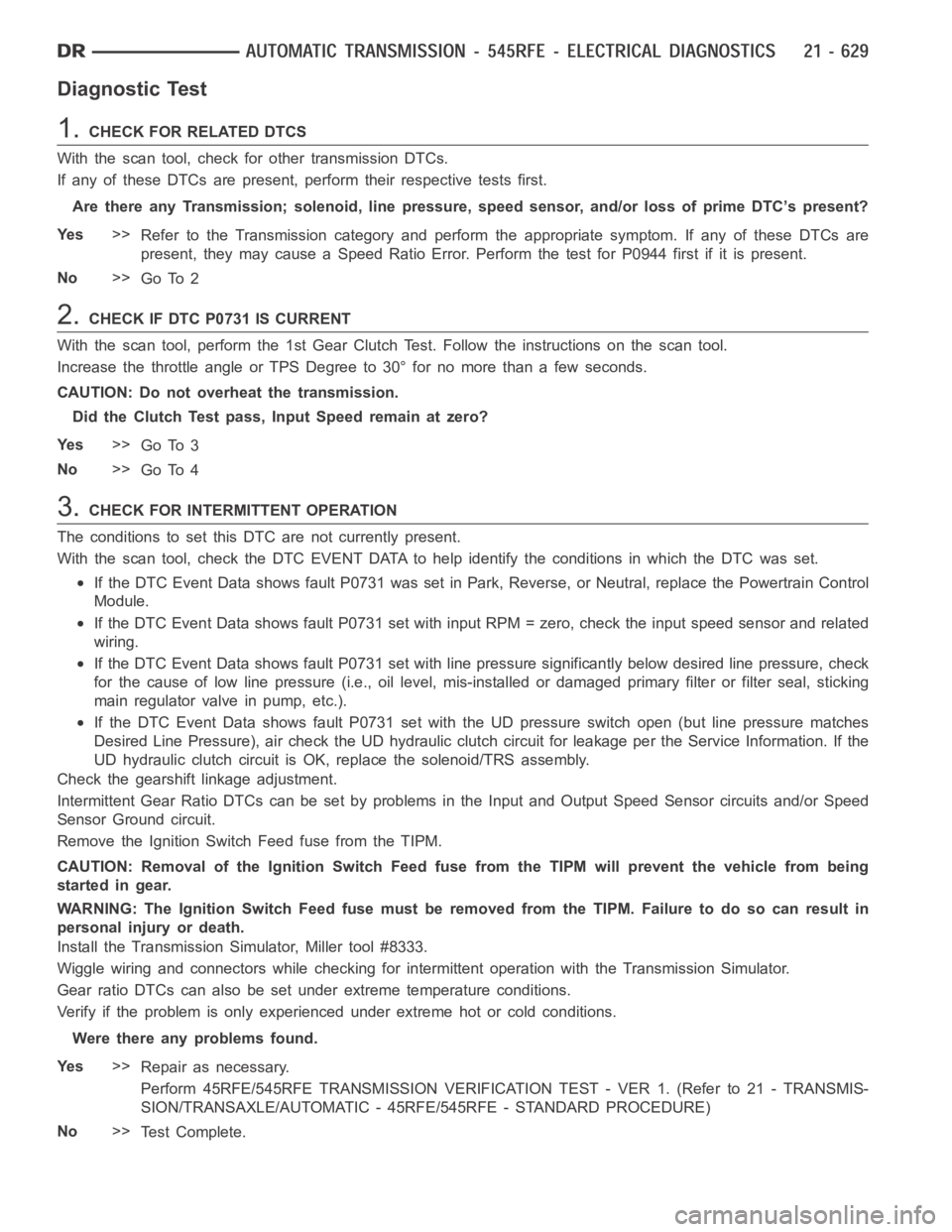 DODGE RAM SRT-10 2006  Service Repair Manual Diagnostic Test
1.CHECKFORRELATEDDTCS
With the scan tool, check for other transmission DTCs.
If any of these DTCs are present, perform their respective tests first.
Are there any Transmission; solenoi