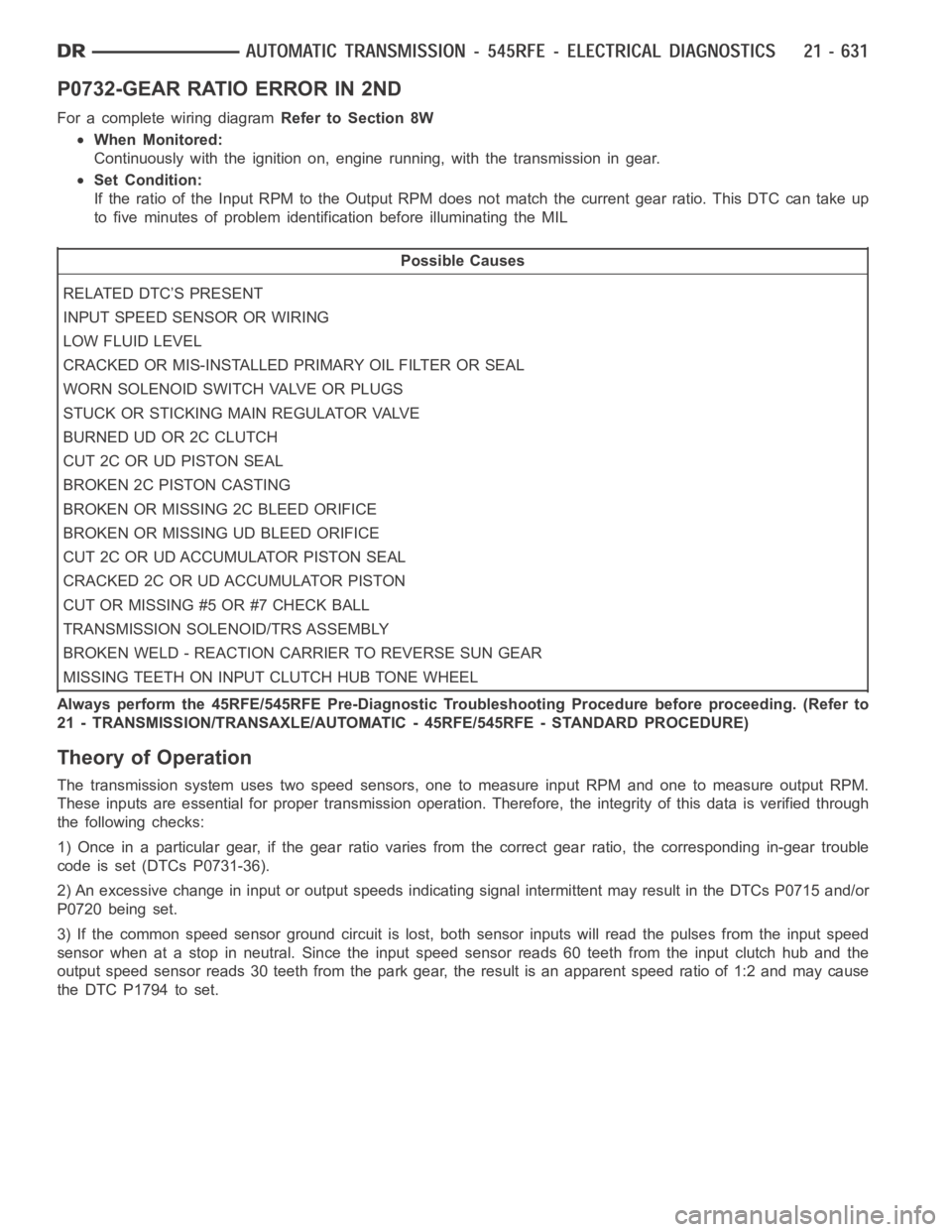 DODGE RAM SRT-10 2006  Service Repair Manual P0732-GEAR RATIO ERROR IN 2ND
For a complete wiring diagramRefer to Section 8W
When Monitored:
Continuously with the ignition on, engine running, with the transmissionin gear.
Set Condition:
If the ra