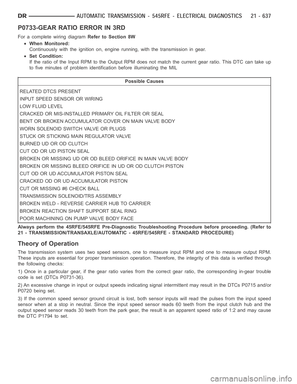DODGE RAM SRT-10 2006  Service Repair Manual P0733-GEAR RATIO ERROR IN 3RD
For a complete wiring diagramRefer to Section 8W
When Monitored:
Continuously with the ignition on, engine running, with the transmissionin gear.
Set Condition:
If the ra