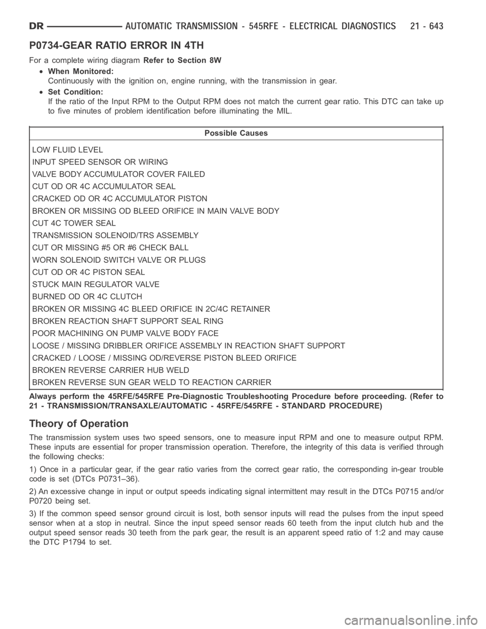 DODGE RAM SRT-10 2006  Service Repair Manual P0734-GEAR RATIO ERROR IN 4TH
For a complete wiring diagramRefer to Section 8W
When Monitored:
Continuously with the ignition on, engine running, with the transmissionin gear.
Set Condition:
If the ra