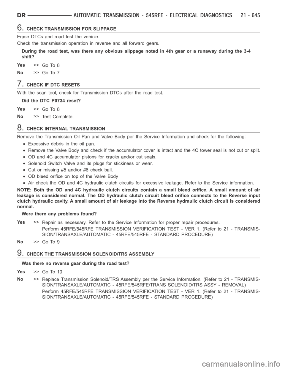DODGE RAM SRT-10 2006 Service Repair Manual 6.CHECK TRANSMISSION FOR SLIPPAGE
Erase DTCs and road test the vehicle.
Check the transmission operation in reverse and all forward gears.
During the road test, was there any obvious slippage noted in DODGE RAM SRT-10 2006 Service Repair Manual 6.CHECK TRANSMISSION FOR SLIPPAGE
Erase DTCs and road test the vehicle.
Check the transmission operation in reverse and all forward gears.
During the road test, was there any obvious slippage noted in