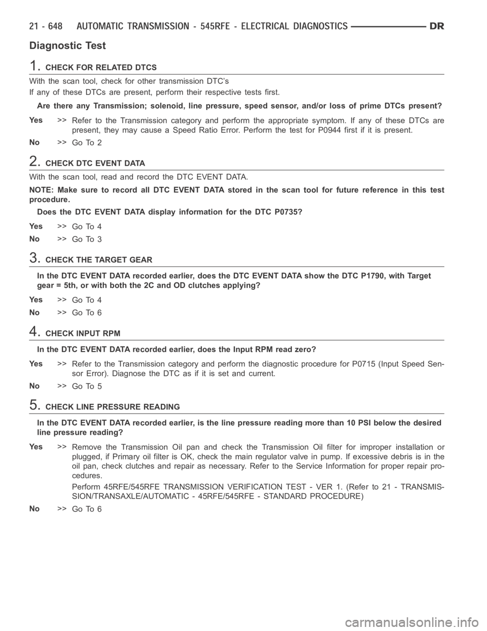 DODGE RAM SRT-10 2006  Service Repair Manual Diagnostic Test
1.CHECKFORRELATEDDTCS
With the scan tool, check for other transmission DTC’s
If any of these DTCs are present, perform their respective tests first.
Are there any Transmission; solen
