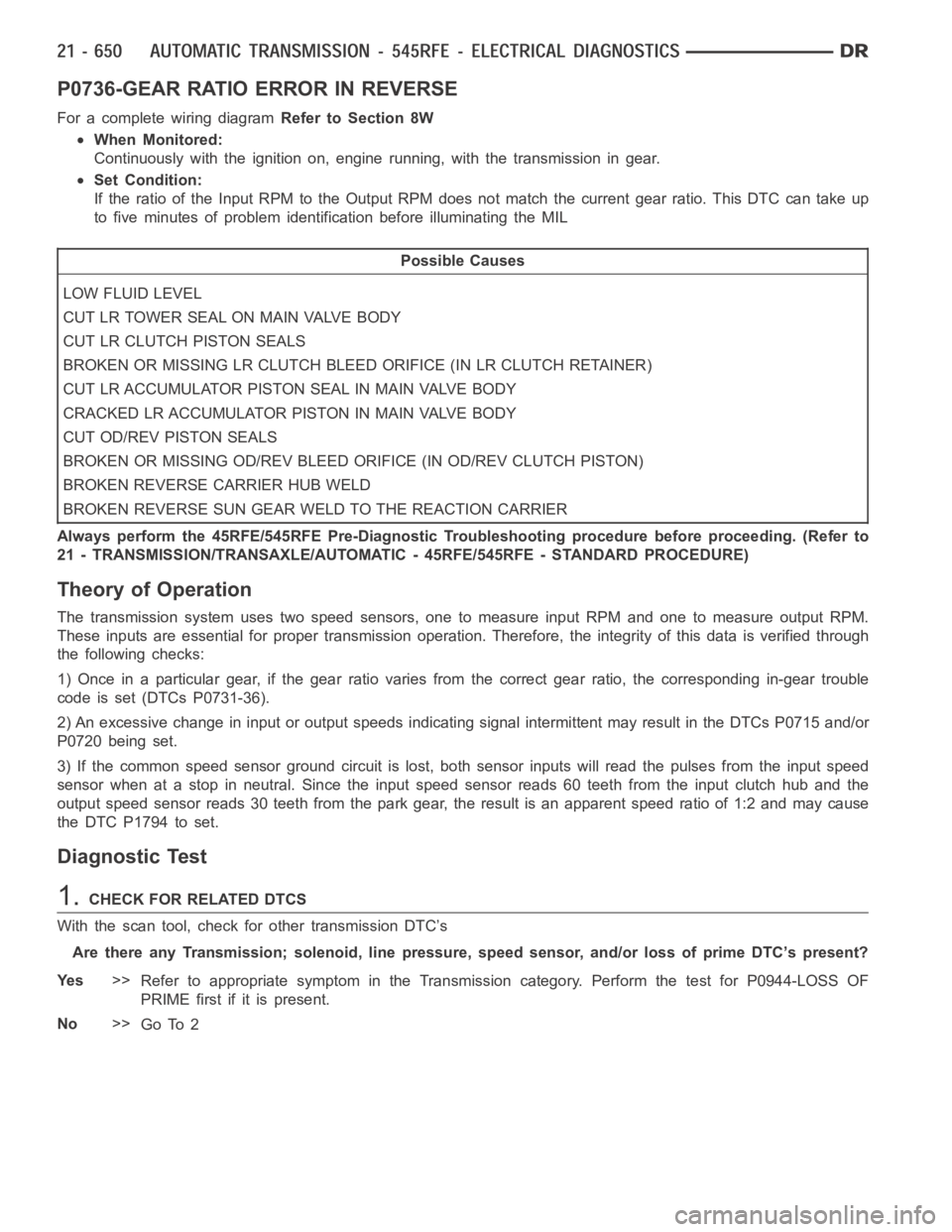 DODGE RAM SRT-10 2006  Service Repair Manual P0736-GEAR RATIO ERROR IN REVERSE
For a complete wiring diagramRefer to Section 8W
When Monitored:
Continuously with the ignition on, engine running, with the transmissionin gear.
Set Condition:
If th