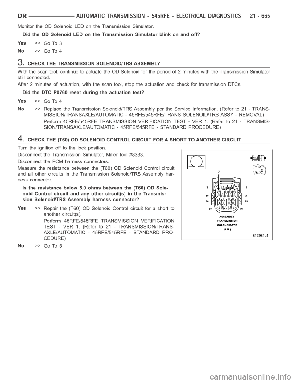 DODGE RAM SRT-10 2006 Service Repair Manual Monitor the OD Solenoid LED on the Transmission Simulator.
Did the OD Solenoid LED on the Transmission Simulator blink on and off?
Ye s>>
Go To 3
No>>
Go To 4
3.CHECK THE TRANSMISSION SOLENOID/TRS ASS DODGE RAM SRT-10 2006 Service Repair Manual Monitor the OD Solenoid LED on the Transmission Simulator.
Did the OD Solenoid LED on the Transmission Simulator blink on and off?
Ye s>>
Go To 3
No>>
Go To 4
3.CHECK THE TRANSMISSION SOLENOID/TRS ASS