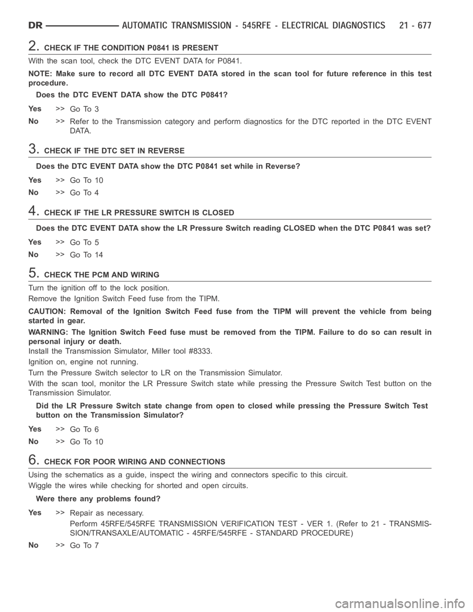 DODGE RAM SRT-10 2006 Service Repair Manual 2.CHECK IF THE CONDITION P0841 IS PRESENT
With the scan tool, check the DTC EVENT DATA for P0841.
NOTE: Make sure to record all DTC EVENT DATA stored in the scan tool for future reference in this test DODGE RAM SRT-10 2006 Service Repair Manual 2.CHECK IF THE CONDITION P0841 IS PRESENT
With the scan tool, check the DTC EVENT DATA for P0841.
NOTE: Make sure to record all DTC EVENT DATA stored in the scan tool for future reference in this test