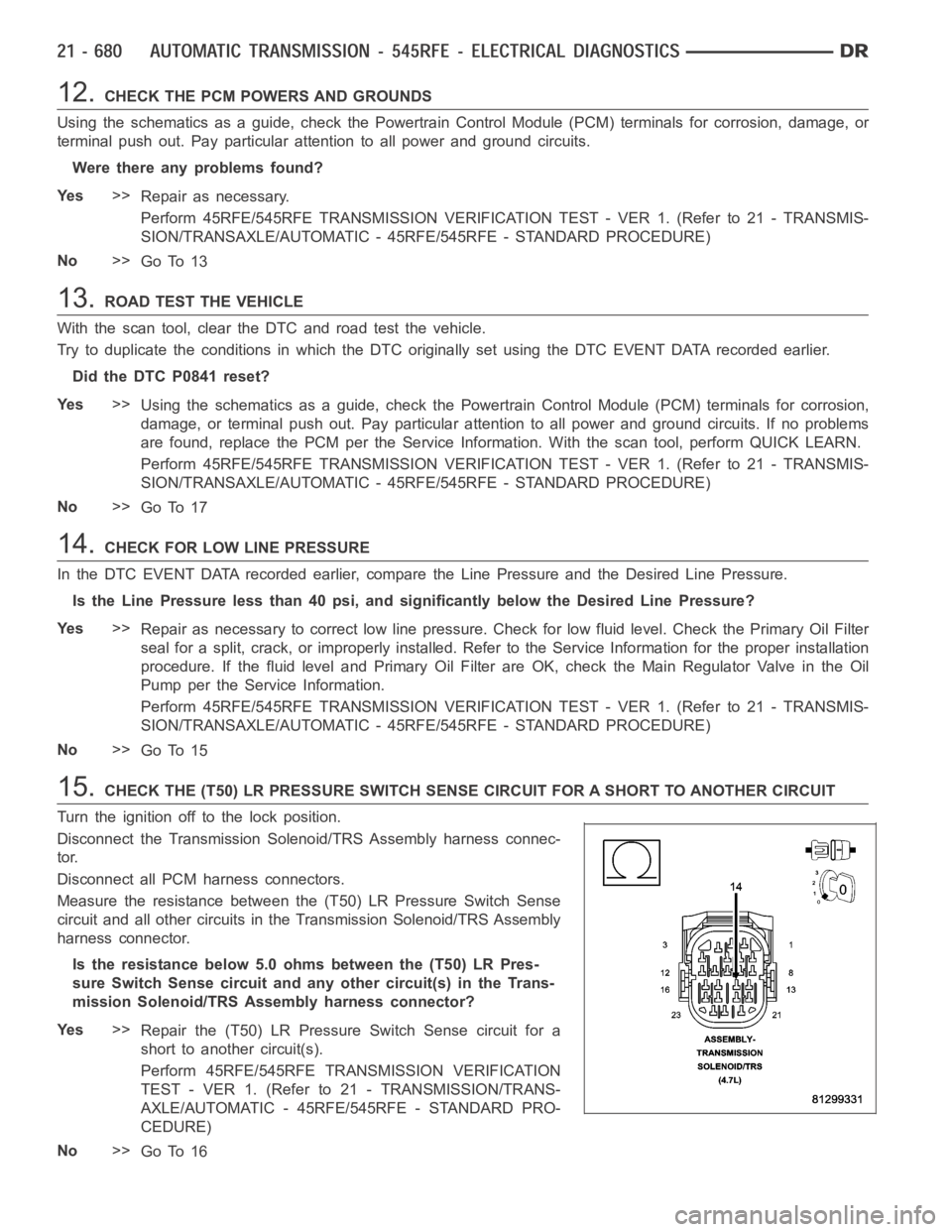DODGE RAM SRT-10 2006 Service Repair Manual 12.CHECK THE PCM POWERS AND GROUNDS
Using the schematics as a guide, check the Powertrain Control Module (PCM)terminals for corrosion, damage, or
terminal push out. Pay particular attention to all pow DODGE RAM SRT-10 2006 Service Repair Manual 12.CHECK THE PCM POWERS AND GROUNDS
Using the schematics as a guide, check the Powertrain Control Module (PCM)terminals for corrosion, damage, or
terminal push out. Pay particular attention to all pow