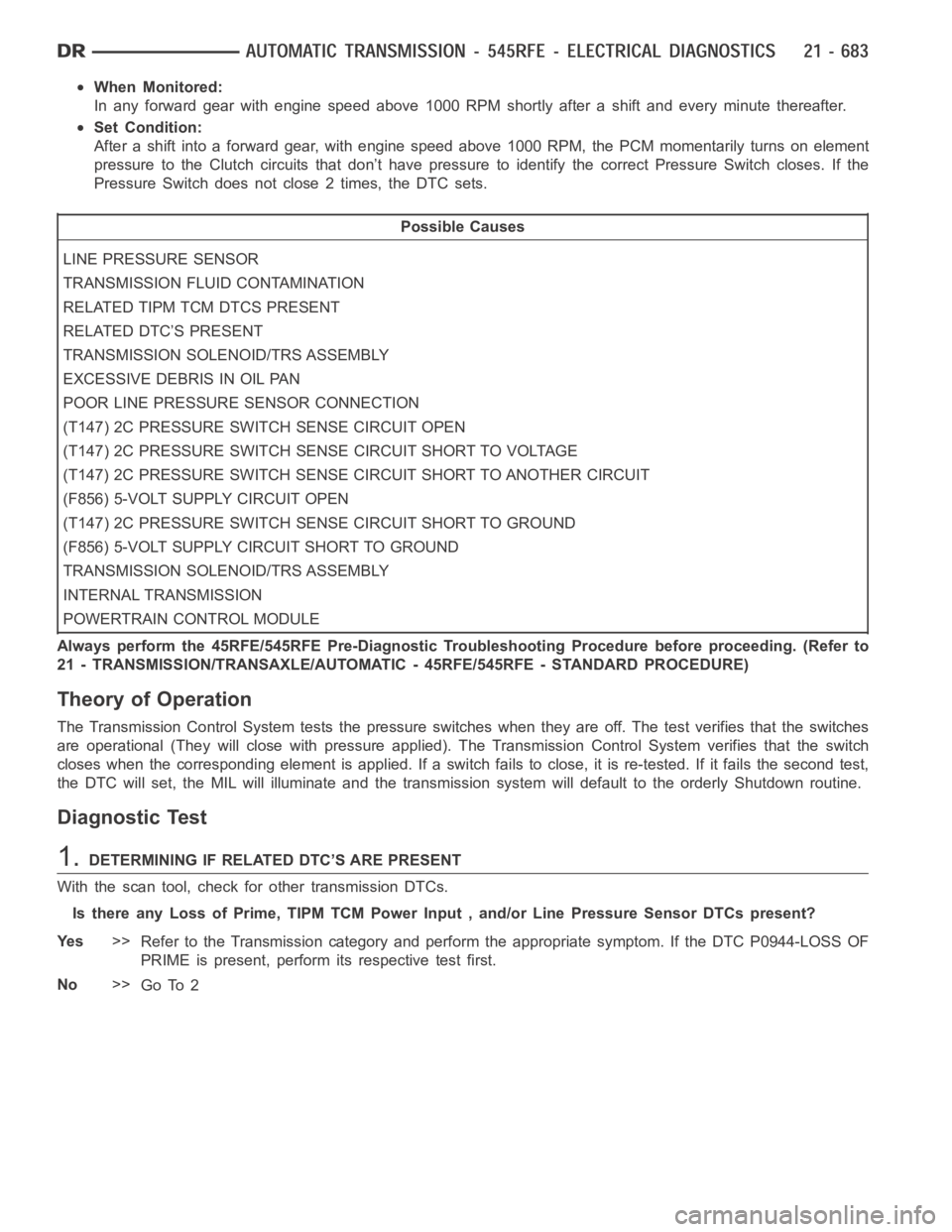 DODGE RAM SRT-10 2006 Service Repair Manual When Monitored:
In any forward gear with engine speed above 1000 RPM shortly after a shift and every minute thereafter.
Set Condition:
After a shift into a forward gear, with engine speed above 1000 R DODGE RAM SRT-10 2006 Service Repair Manual When Monitored:
In any forward gear with engine speed above 1000 RPM shortly after a shift and every minute thereafter.
Set Condition:
After a shift into a forward gear, with engine speed above 1000 R