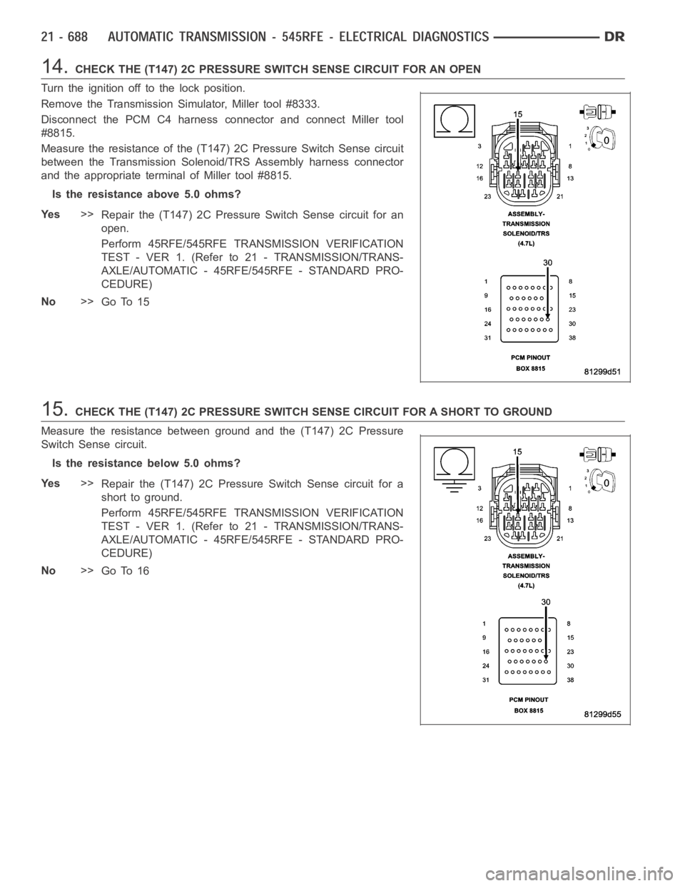 DODGE RAM SRT-10 2006 Service Repair Manual 14.CHECK THE (T147) 2C PRESSURE SWITCH SENSE CIRCUIT FOR AN OPEN
Turn the ignition off to the lock position.
Remove the Transmission Simulator, Miller tool #8333.
Disconnect the PCM C4 harness connect DODGE RAM SRT-10 2006 Service Repair Manual 14.CHECK THE (T147) 2C PRESSURE SWITCH SENSE CIRCUIT FOR AN OPEN
Turn the ignition off to the lock position.
Remove the Transmission Simulator, Miller tool #8333.
Disconnect the PCM C4 harness connect