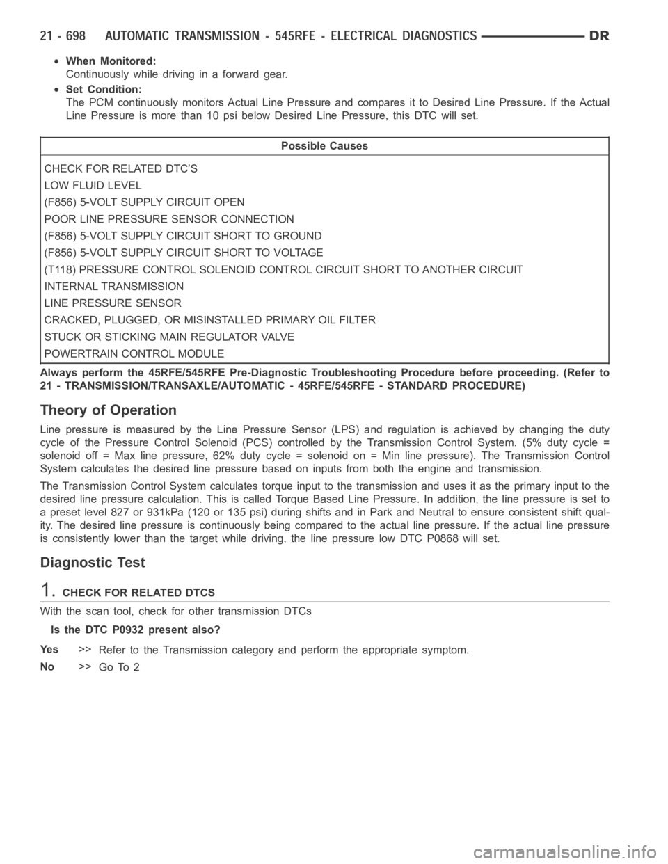 DODGE RAM SRT-10 2006  Service Repair Manual When Monitored:
Continuously while driving in a forward gear.
Set Condition:
The PCM continuously monitors Actual Line Pressure and compares it to DesiredLinePressure.IftheActual
Line Pressure is more