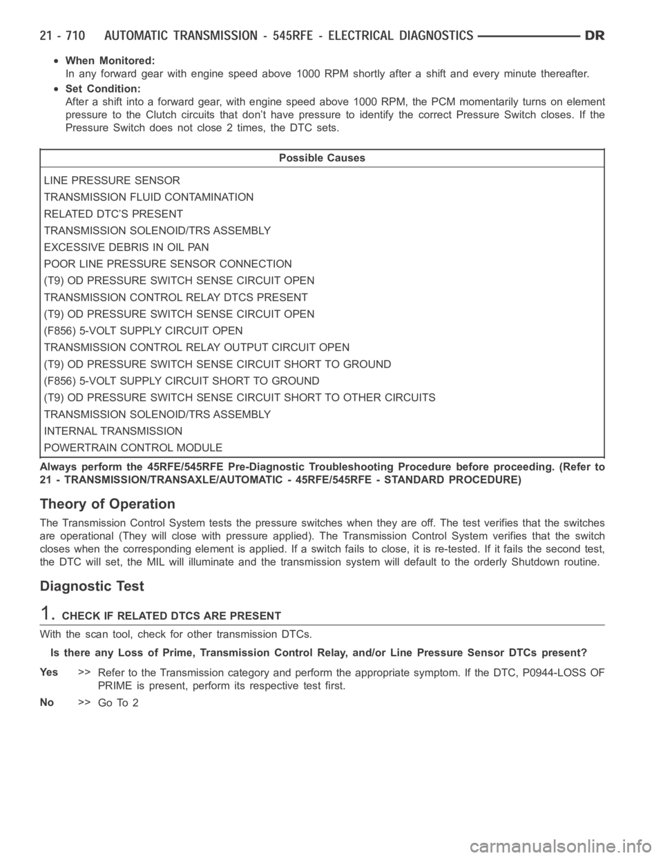 DODGE RAM SRT-10 2006  Service Repair Manual When Monitored:
In any forward gear with engine speed above 1000 RPM shortly after a shift and every minute thereafter.
Set Condition:
After a shift into a forward gear, with engine speed above 1000 R