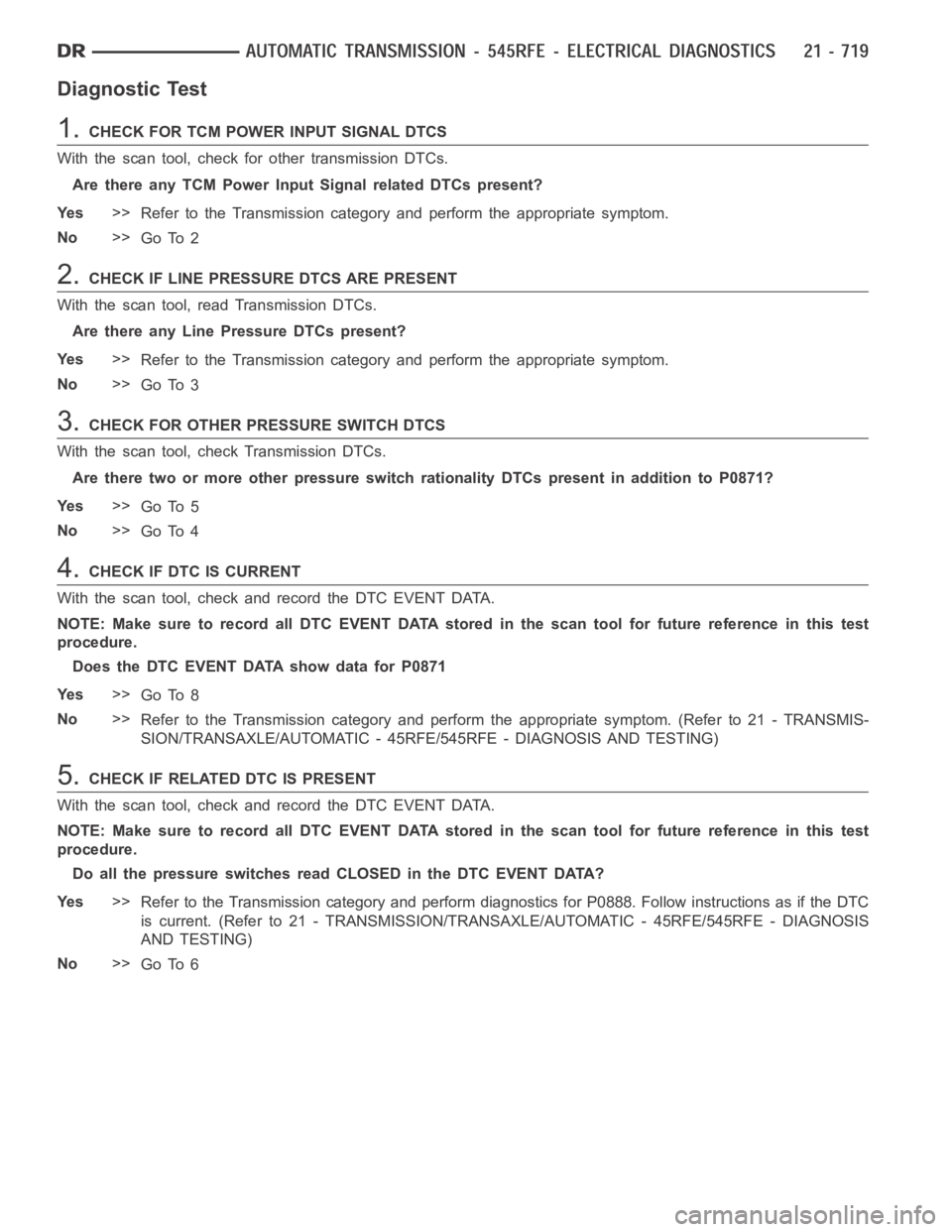 DODGE RAM SRT-10 2006  Service Repair Manual Diagnostic Test
1.CHECK FOR TCM POWER INPUT SIGNAL DTCS
With the scan tool, check for other transmission DTCs.
Are there any TCM Power Input Signal related DTCs present?
Ye s>>
Refer to the Transmissi