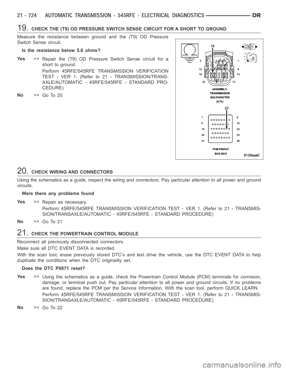 DODGE RAM SRT-10 2006  Service Repair Manual 19.CHECK THE (T9) OD PRESSURE SWITCH SENSE CIRCUIT FOR A SHORT TO GROUND
Measure the resistance between ground and the (T9) OD Pressure
Switch Sense circuit.
Is the resistance below 5.0 ohms?
Ye s>>
R