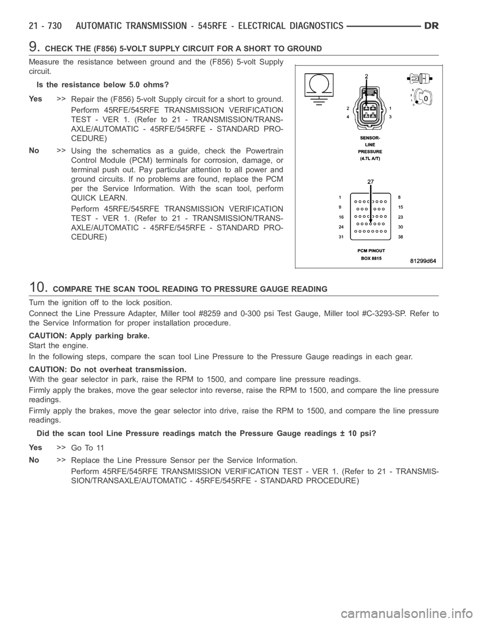 DODGE RAM SRT-10 2006  Service Repair Manual 9.CHECK THE (F856) 5-VOLT SUPPLY CIRCUIT FOR A SHORT TO GROUND
Measure the resistance between ground and the (F856) 5-volt Supply
circuit.
Is the resistance below 5.0 ohms?
Ye s>>
Repair the (F856) 5-