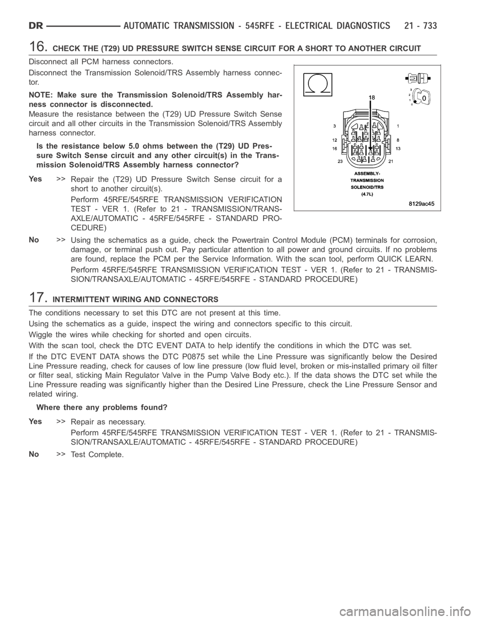 DODGE RAM SRT-10 2006  Service Repair Manual 16.CHECK THE (T29) UD PRESSURE SWITCH SENSE CIRCUIT FOR A SHORT TO ANOTHER CIRCUIT
Disconnect all PCM harness connectors.
Disconnect the Transmission Solenoid/TRS Assembly harness connec-
tor.
NOTE: M
