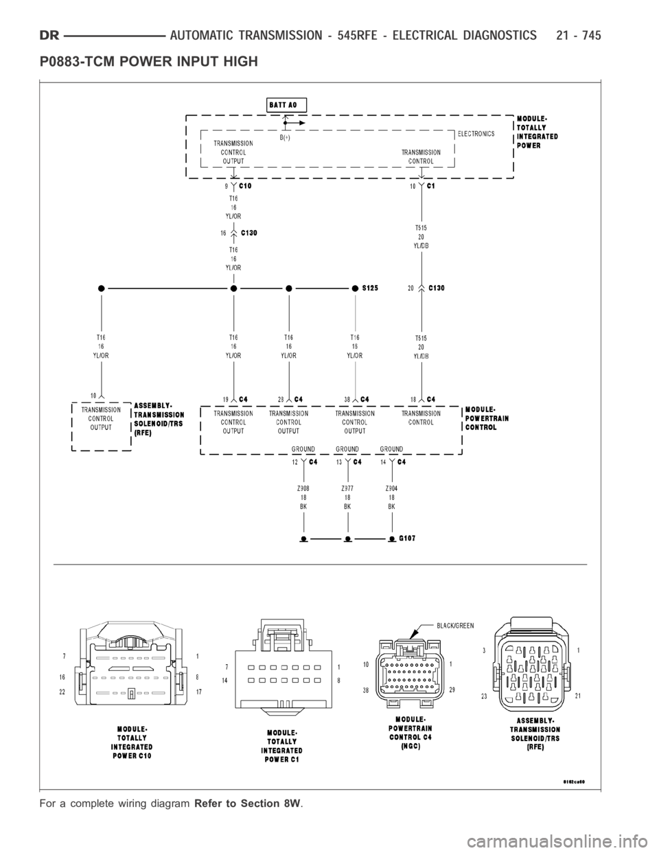 DODGE RAM SRT-10 2006  Service Repair Manual P0883-TCM POWER INPUT HIGH
For a complete wiring diagramRefer to Section 8W. 