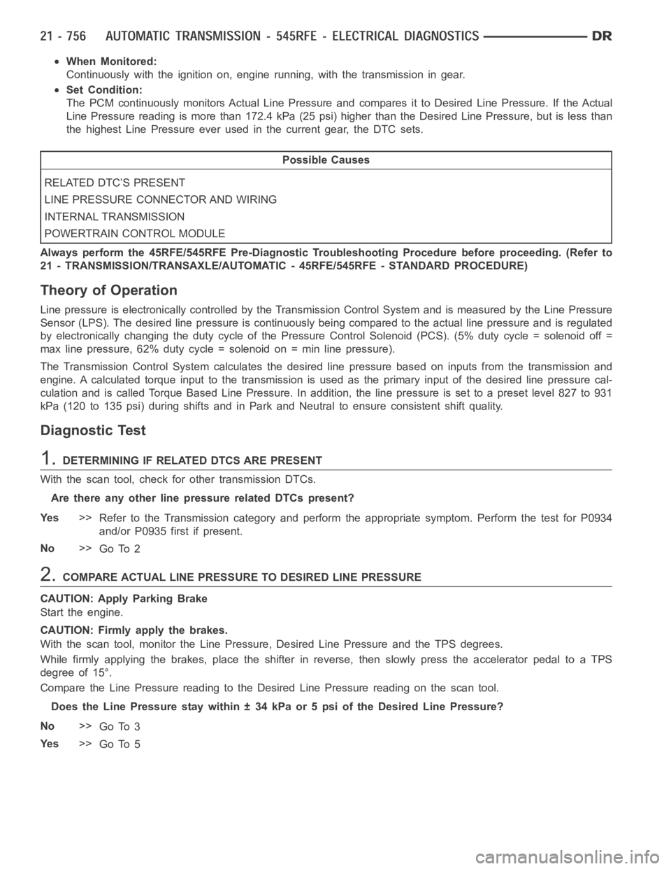 DODGE RAM SRT-10 2006 Service Repair Manual When Monitored:
Continuously with the ignition on, engine running, with the transmissionin gear.
Set Condition:
The PCM continuously monitors Actual Line Pressure and compares it to DesiredLinePressur DODGE RAM SRT-10 2006 Service Repair Manual When Monitored:
Continuously with the ignition on, engine running, with the transmissionin gear.
Set Condition:
The PCM continuously monitors Actual Line Pressure and compares it to DesiredLinePressur