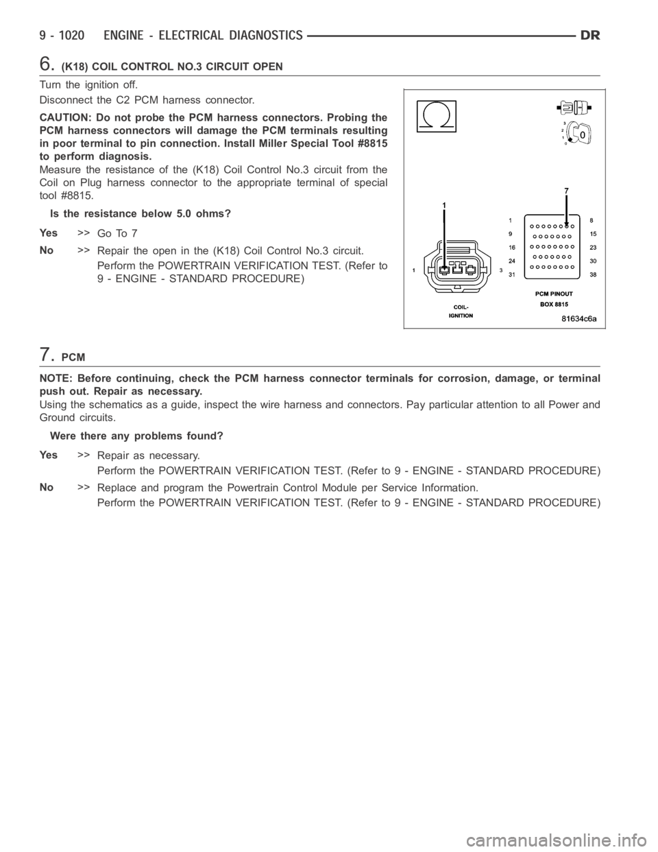 DODGE RAM SRT-10 2006 Service Repair Manual 6.(K18) COIL CONTROL NO.3 CIRCUIT OPEN
Turn the ignition off.
Disconnect the C2 PCM harness connector.
CAUTION: Do not probe the PCM harness connectors. Probing the
PCM harness connectors will damage DODGE RAM SRT-10 2006 Service Repair Manual 6.(K18) COIL CONTROL NO.3 CIRCUIT OPEN
Turn the ignition off.
Disconnect the C2 PCM harness connector.
CAUTION: Do not probe the PCM harness connectors. Probing the
PCM harness connectors will damage