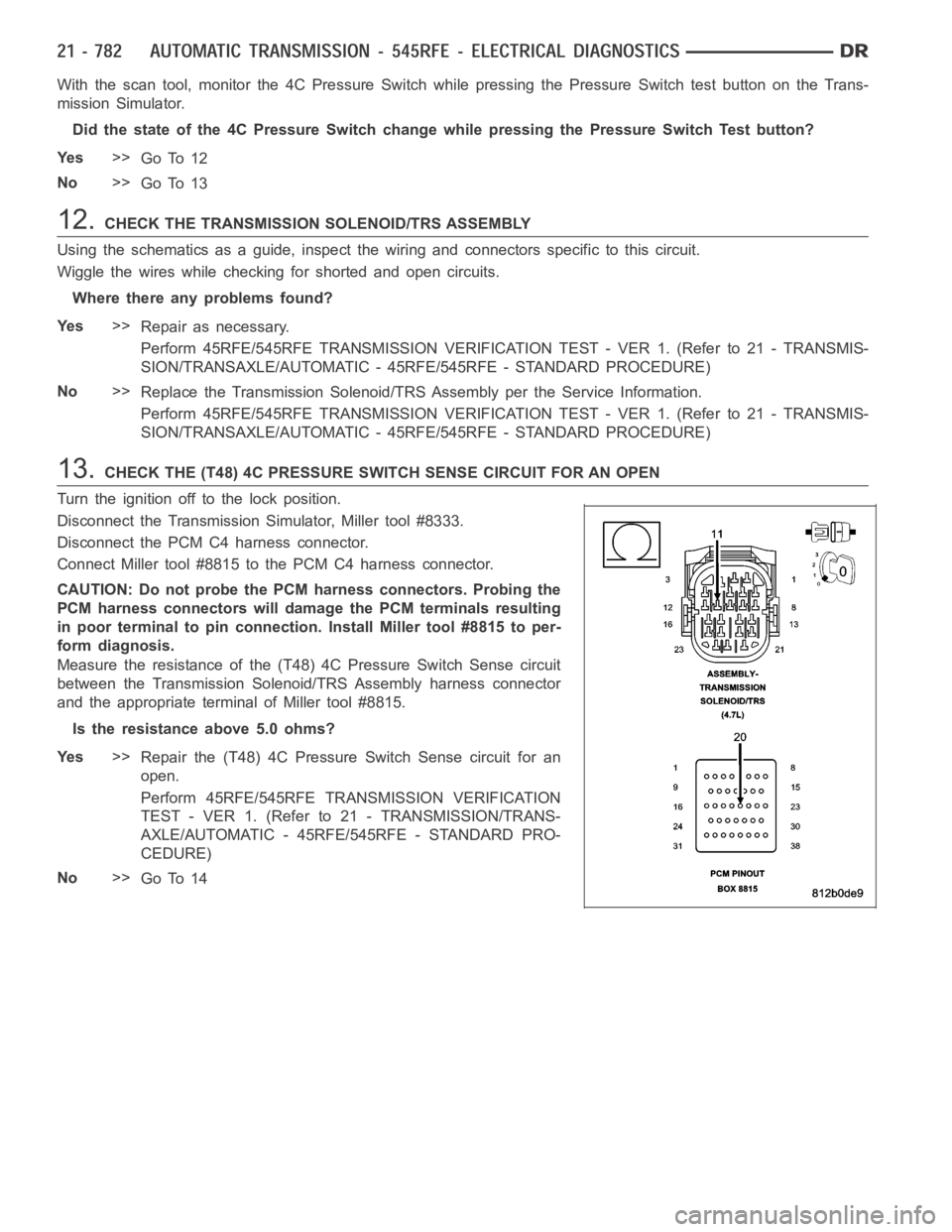 DODGE RAM SRT-10 2006  Service Repair Manual With the scan tool, monitor the 4C Pressure Switch while pressing the Pressure Switch test button on the Trans-
mission Simulator.
Did the state of the 4C Pressure Switch change while pressing the Pre