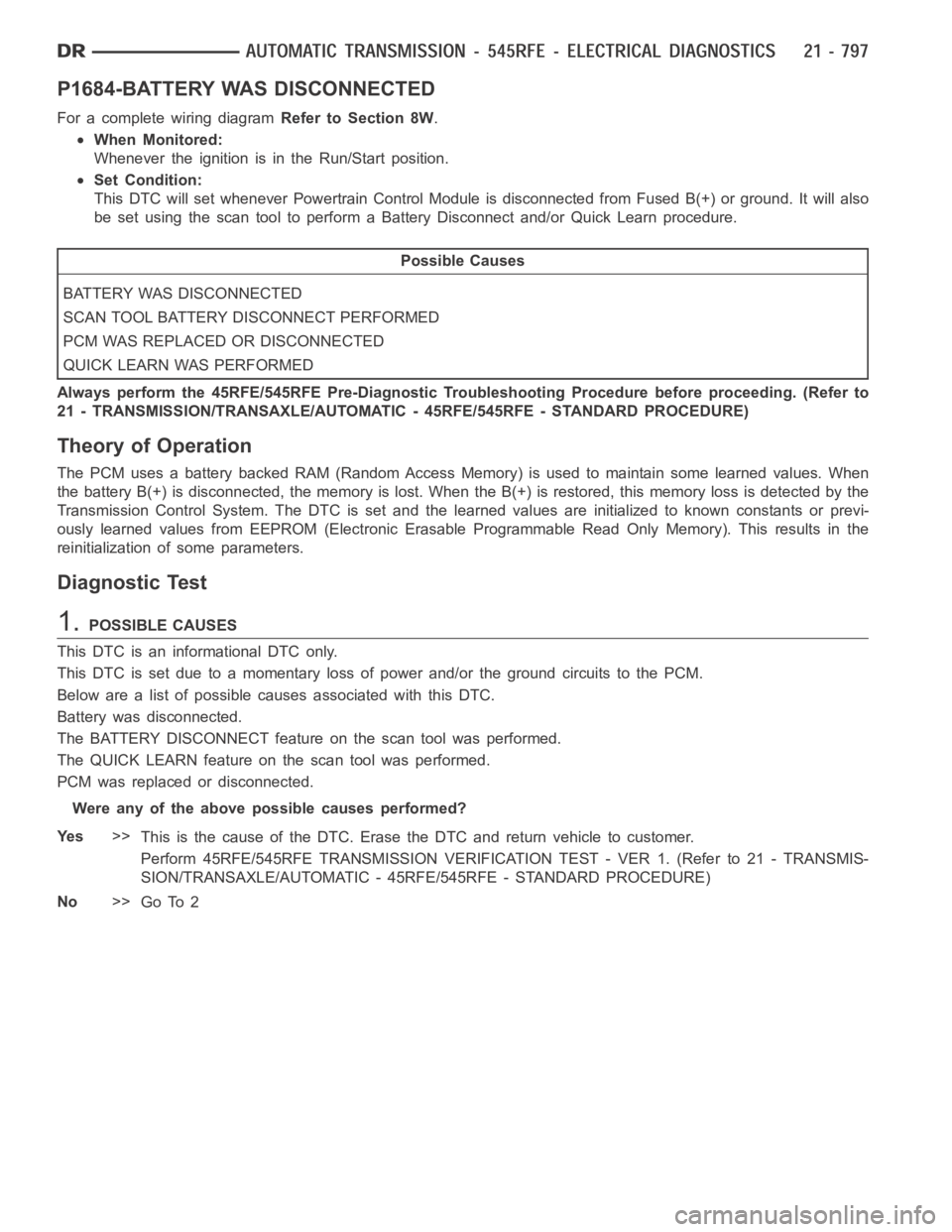 DODGE RAM SRT-10 2006 Service Repair Manual P1684-BATTERY WAS DISCONNECTED
For a complete wiring diagramRefer to Section 8W.
When Monitored:
Whenever the ignition is in the Run/Start position.
Set Condition:
This DTC will set whenever Powertrai DODGE RAM SRT-10 2006 Service Repair Manual P1684-BATTERY WAS DISCONNECTED
For a complete wiring diagramRefer to Section 8W.
When Monitored:
Whenever the ignition is in the Run/Start position.
Set Condition:
This DTC will set whenever Powertrai