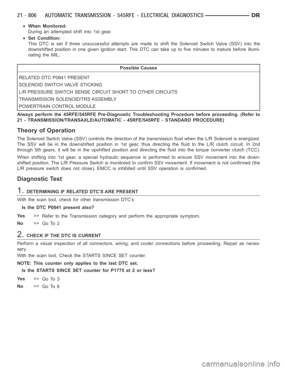 DODGE RAM SRT-10 2006 Service Repair Manual When Monitored:
During an attempted shift into 1st gear.
Set Condition:
This DTC is set if three unsuccessful attempts are made to shift the SolenoidSwitchValve(SSV)intothe
downshiftedpositioninonegiv DODGE RAM SRT-10 2006 Service Repair Manual When Monitored:
During an attempted shift into 1st gear.
Set Condition:
This DTC is set if three unsuccessful attempts are made to shift the SolenoidSwitchValve(SSV)intothe
downshiftedpositioninonegiv