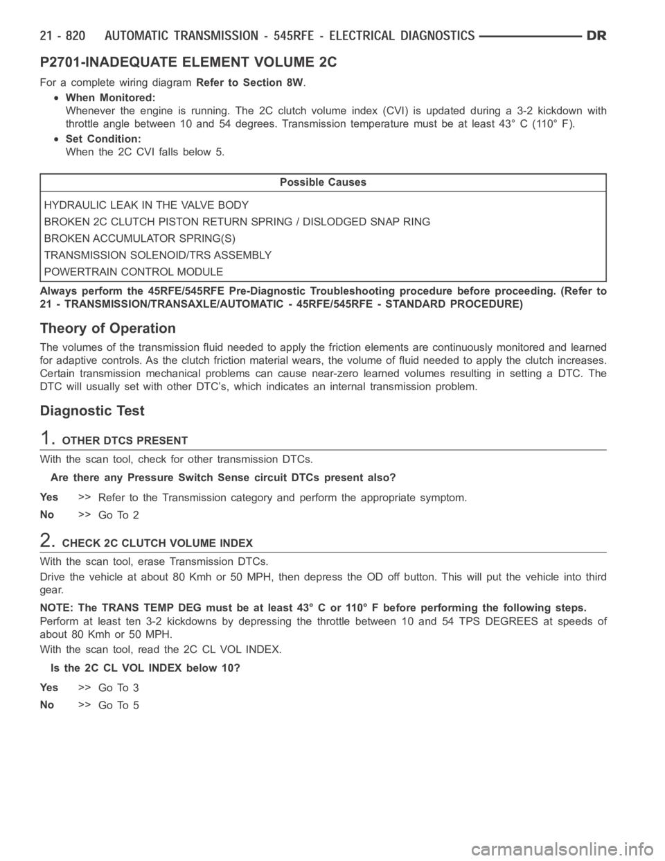 DODGE RAM SRT-10 2006 Service Repair Manual P2701-INADEQUATE ELEMENT VOLUME 2C
For a complete wiring diagramRefer to Section 8W.
When Monitored:
Whenever the engine is running. The 2C clutch volume index (CVI) is updatedduring a 3-2 kickdown wi DODGE RAM SRT-10 2006 Service Repair Manual P2701-INADEQUATE ELEMENT VOLUME 2C
For a complete wiring diagramRefer to Section 8W.
When Monitored:
Whenever the engine is running. The 2C clutch volume index (CVI) is updatedduring a 3-2 kickdown wi