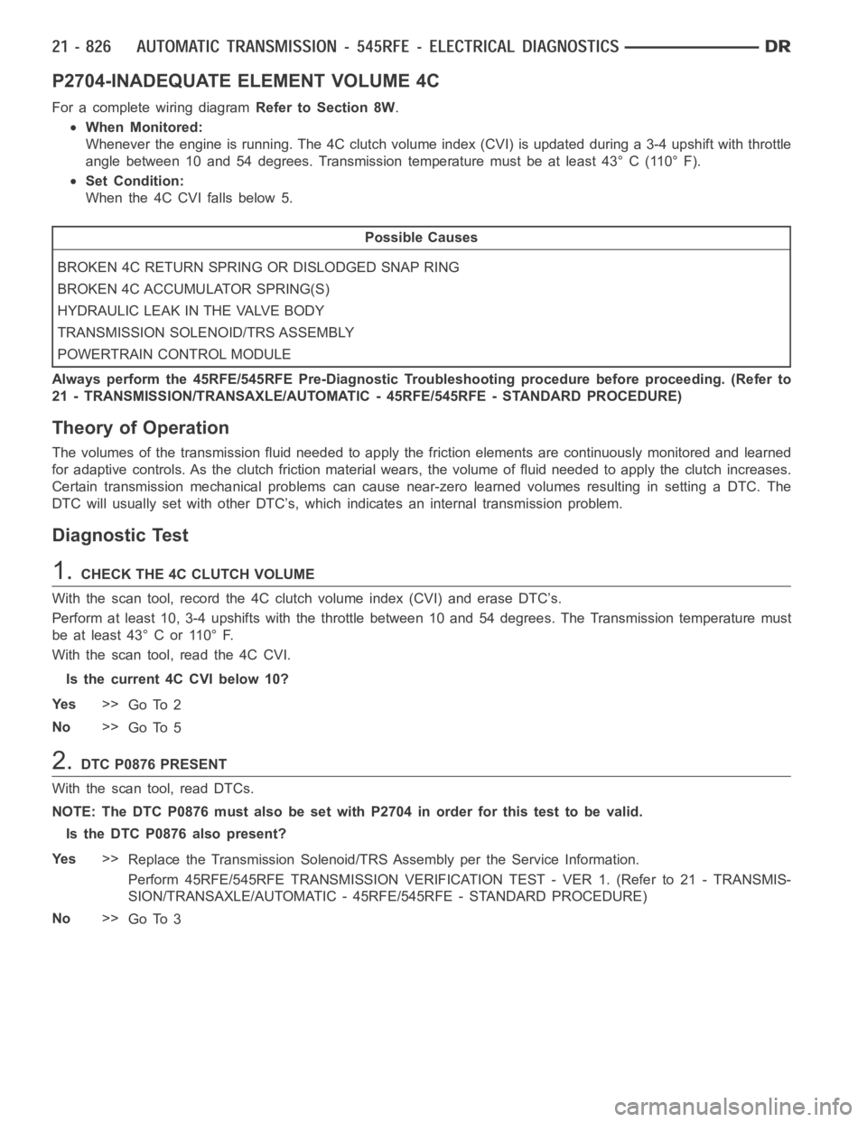 DODGE RAM SRT-10 2006  Service Repair Manual P2704-INADEQUATE ELEMENT VOLUME 4C
For a complete wiring diagramRefer to Section 8W.
When Monitored:
Whenever the engine is running. The 4C clutch volume index (CVI) is updatedduring a 3-4 upshift wit
