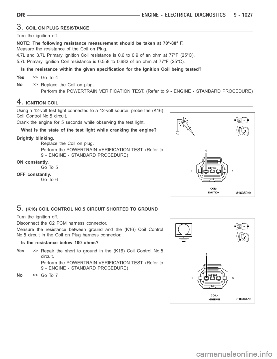 DODGE RAM SRT-10 2006 Service Repair Manual 3.COIL ON PLUG RESISTANCE
Turn the ignition off.
NOTE: The following resistance measurement should be taken at 70°-80° F.
Measure the resistance of the Coil on Plug.
4.7L and 3.7L Primary Ignition C DODGE RAM SRT-10 2006 Service Repair Manual 3.COIL ON PLUG RESISTANCE
Turn the ignition off.
NOTE: The following resistance measurement should be taken at 70°-80° F.
Measure the resistance of the Coil on Plug.
4.7L and 3.7L Primary Ignition C