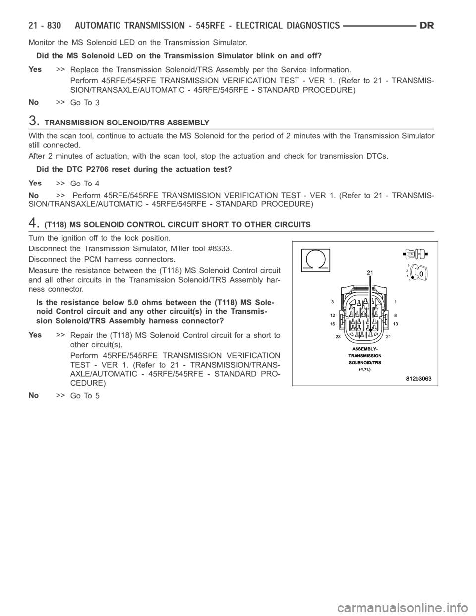 DODGE RAM SRT-10 2006  Service Repair Manual Monitor the MS Solenoid LED on the Transmission Simulator.
Did the MS Solenoid LED on the Transmission Simulator blink on and off?
Ye s>>
Replace the Transmission Solenoid/TRS Assembly per the Service