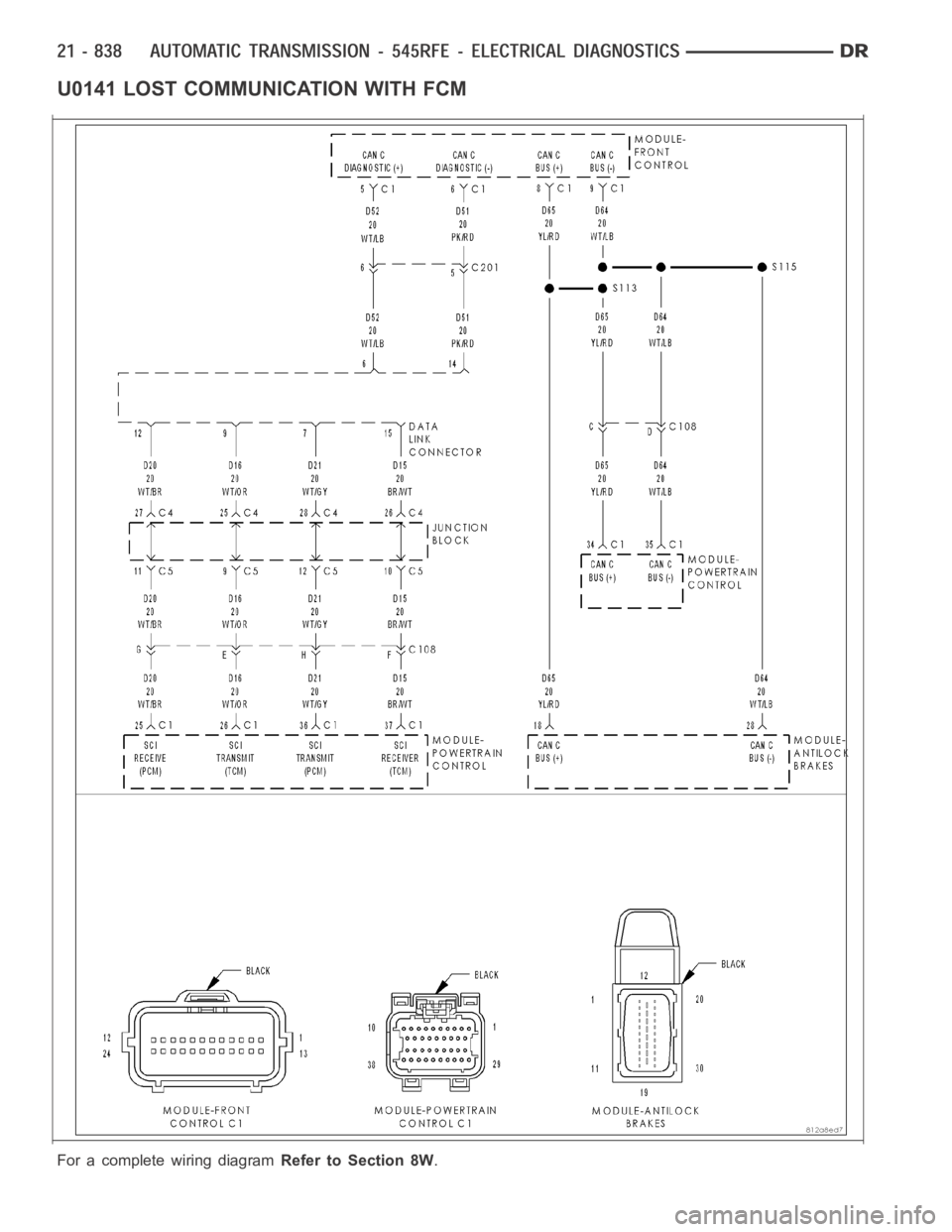 DODGE RAM SRT-10 2006  Service Repair Manual U0141 LOST COMMUNICATION WITH FCM
For a complete wiring diagramRefer to Section 8W. 