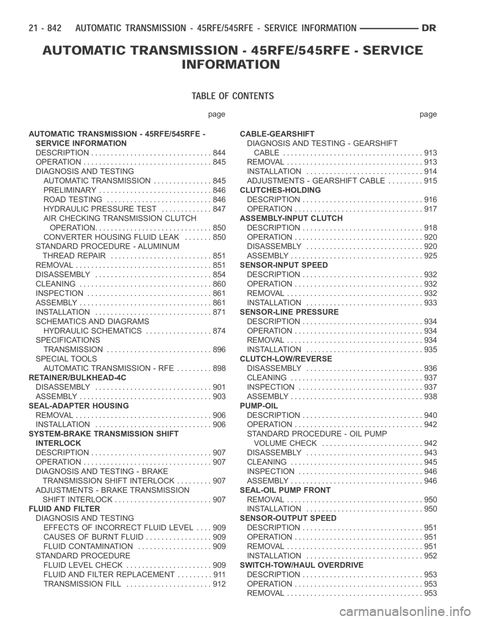 DODGE RAM SRT-10 2006  Service Repair Manual page page
AUTOMATIC TRANSMISSION - 45RFE/545RFE -
SERVICE INFORMATION
DESCRIPTION ............................... 844
OPERATION ................................. 845
DIAGNOSIS AND TESTING
AUTOMATIC TR