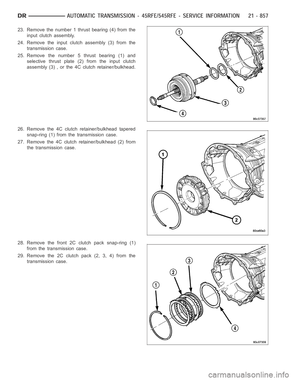 DODGE RAM SRT-10 2006  Service Repair Manual 23. Remove the number 1 thrust bearing (4) from the
input clutch assembly.
24. Remove the input clutch assembly (3) from the
transmission case.
25. Remove the number 5 thrust bearing (1) and
selective