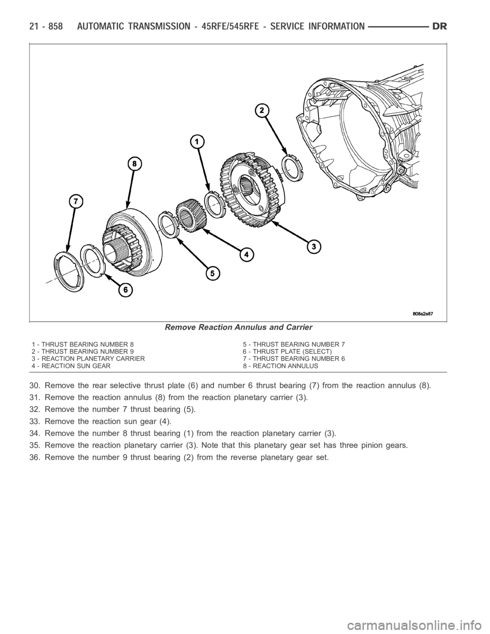 DODGE RAM SRT-10 2006  Service Repair Manual 30. Remove the rear selective thrust plate (6) and number 6 thrust bearing (7) from the reaction annulus (8).
31. Remove the reaction annulus (8) from the reaction planetary carrier (3).
32. Remove th