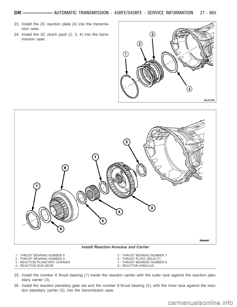 DODGE RAM SRT-10 2006  Service Repair Manual 23. Install the 2C reaction plate (4) into the transmis-
sion case.
24. Install the 2C clutch pack (2, 3, 4) into the trans-
mission case.
25. Install the number 8 thrust bearing (1) inside the reacti