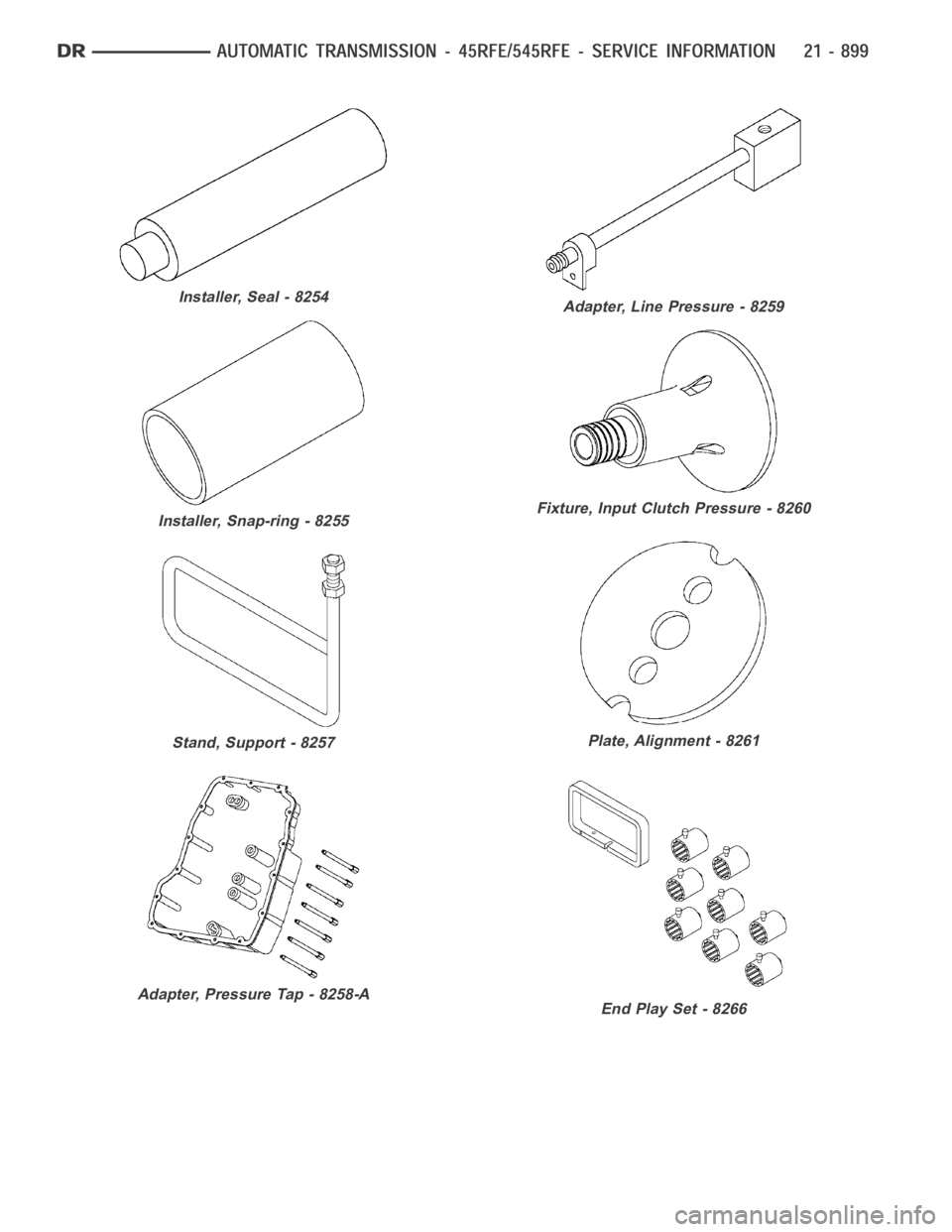 DODGE RAM SRT-10 2006  Service Repair Manual Installer, Seal - 8254
Installer, Snap-ring - 8255
Stand, Support - 8257
Adapter, Pressure Tap - 8258-A
Adapter, Line Pressure - 8259
Fixture, Input Clutch Pressure - 8260
Plate, Alignment - 8261
End 