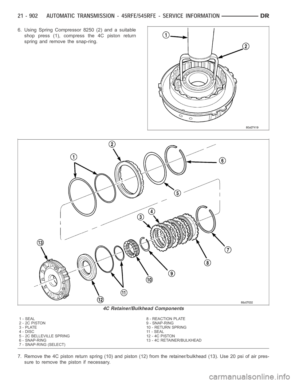 DODGE RAM SRT-10 2006  Service Repair Manual 6. Using Spring Compressor 8250 (2) and a suitable
shop press (1), compress the 4C piston return
spring and remove the snap-ring.
7. Remove the 4C piston return spring (10) and piston (12) from the re